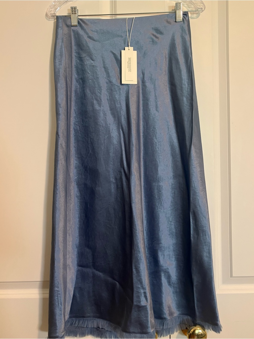 Vince Slate Blue Midi A-Line Skirt with Fringed Hem